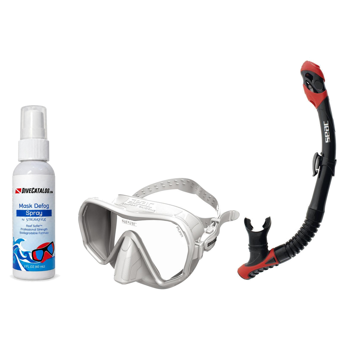 Seac Mask + Snorkel Package – Pura Anti-Fog Mask + Reverse Dry Snorkel + Free Mask Defog Spray — White, Seac Reverse Dry Sno…