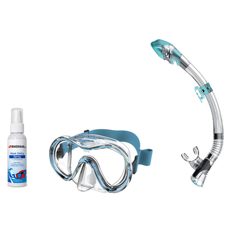 Seac Mask + Snorkel Package – Sunrise Single Lens Mask + Reverse Dry Snorkel + Free Mask Defog Spray — Aquamarine, Seac Fast…