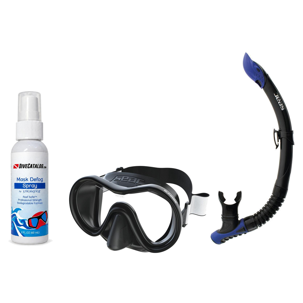 Seac Mask + Snorkel Package – Sunrise Single Lens Mask + Reverse Dry Snorkel + Free Mask Defog Spray — Black, Seac Reverse S…