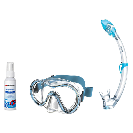 Seac Mask + Snorkel Package – Sunrise Single Lens Mask + Reverse Dry Snorkel + Free Mask Defog Spray — Aquamarine, Seac Trib…