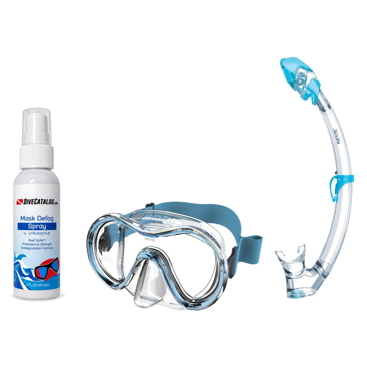 Seac Mask + Snorkel Package – Sunrise Single Lens Mask + Reverse Dry Snorkel + Free Mask Defog Spray — Aquamarine, Seac Trib…