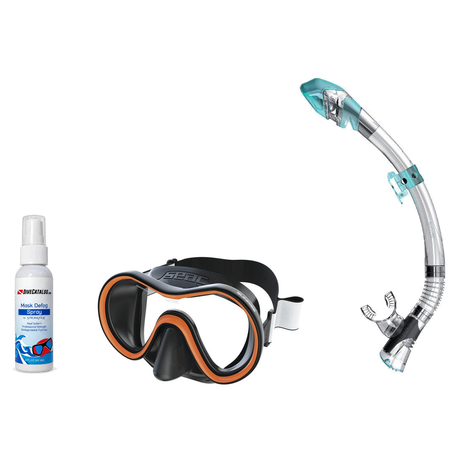 Seac Mask + Snorkel Package – Sunrise Single Lens Mask + Reverse Dry Snorkel + Free Mask Defog Spray — Orange, Seac Fast Tec…