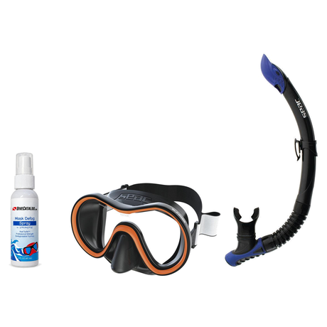 Seac Mask + Snorkel Package – Sunrise Single Lens Mask + Reverse Dry Snorkel + Free Mask Defog Spray — Orange, Seac Reverse…