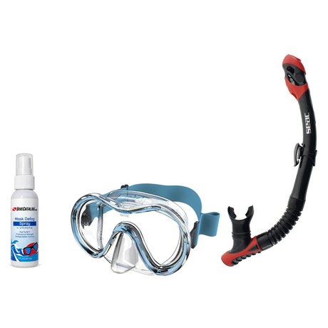 Seac Mask + Snorkel Package – Sunrise Single Lens Mask + Reverse Dry Snorkel + Free Mask Defog Spray — Aquamarine, Seac Reve…