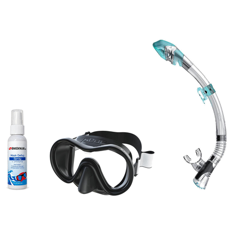 Seac Mask + Snorkel Package – Sunrise Single Lens Mask + Reverse Dry Snorkel + Free Mask Defog Spray — Black, Seac Fast Tech…