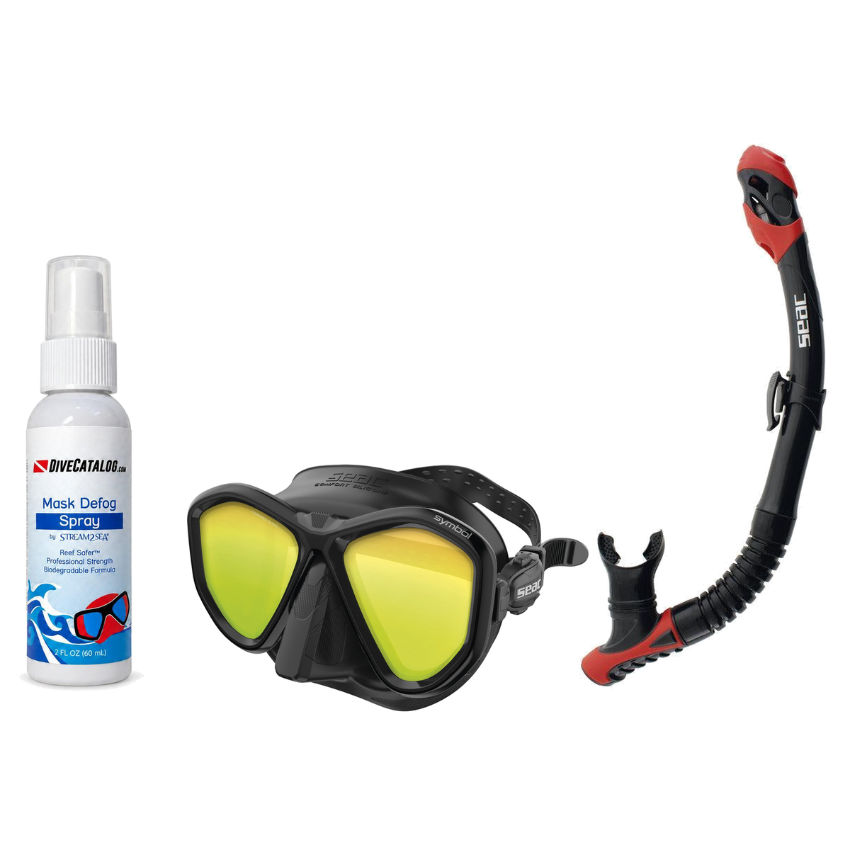 Seac Mask + Snorkel Package – Symbol Mask + Reverse Dry Snorkel + Free Mask Defog Spray — includes SEAC SCUBA DIVING MASK SY…