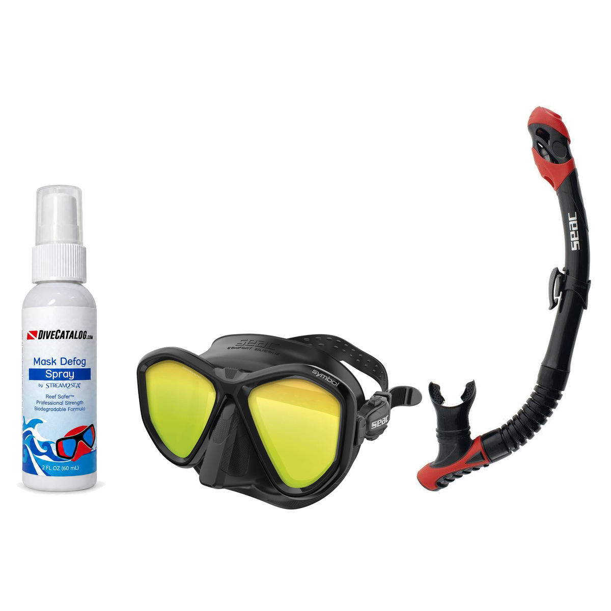 Seac Mask + Snorkel Package – Symbol Mask + Reverse Dry Snorkel + Free Mask Defog Spray — includes SEAC SCUBA DIVING MASK SY…