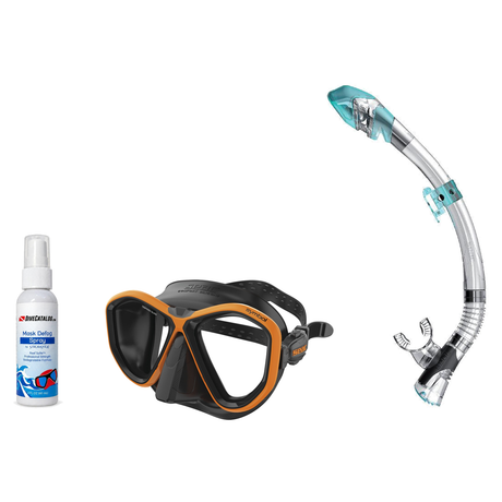 Seac Mask + Snorkel Package – Symbol Mask + Reverse Dry Snorkel + Free Mask Defog Spray — Black/Orange, Seac Fast Tech Dry A…