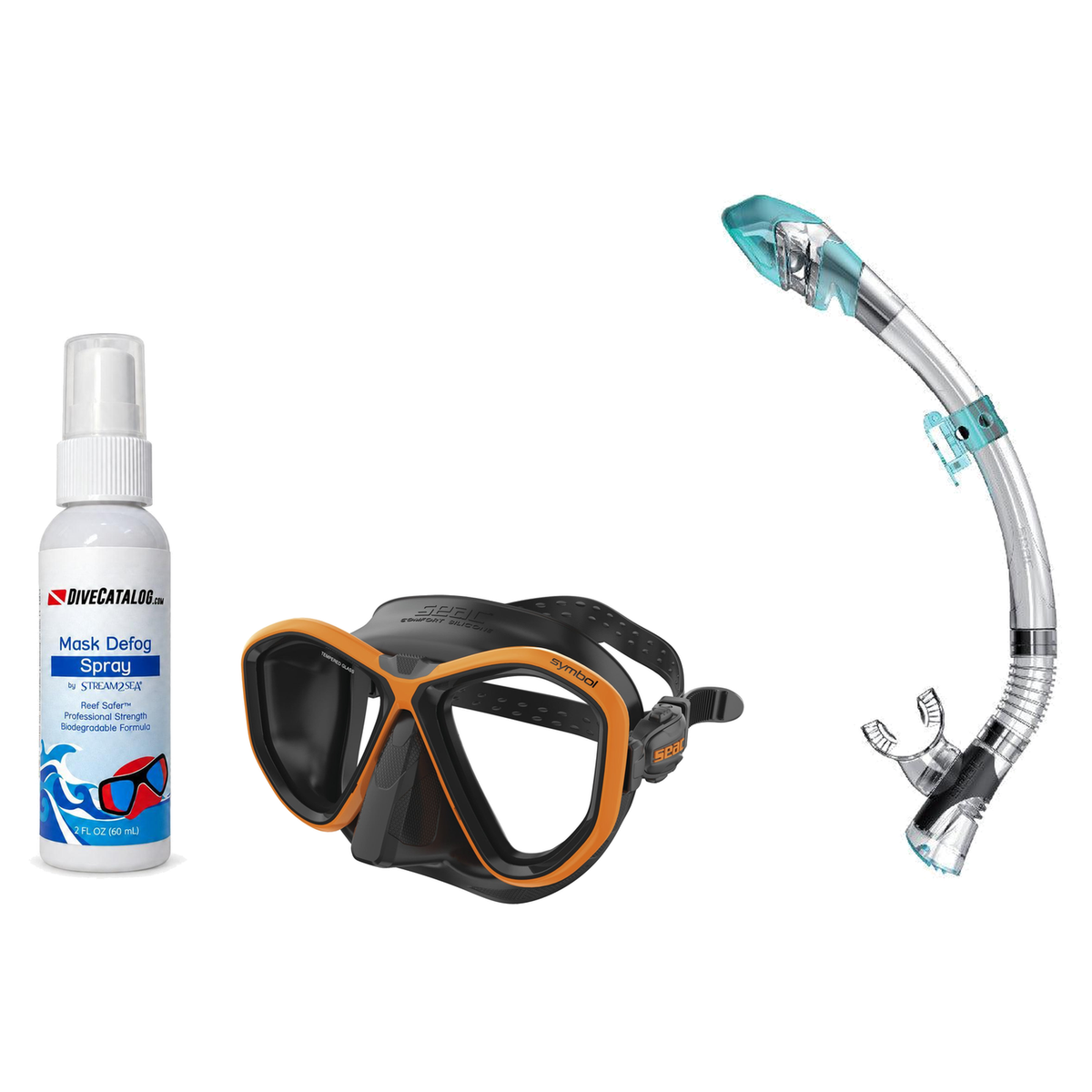 Seac Mask + Snorkel Package – Symbol Mask + Reverse Dry Snorkel + Free Mask Defog Spray — Black/Orange, Seac Fast Tech Dry A…