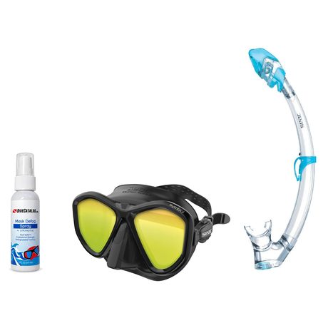 Seac Mask + Snorkel Package – Symbol Mask + Reverse Dry Snorkel + Free Mask Defog Spray — LS Black/Black, Seac Tribe Dry Scu…