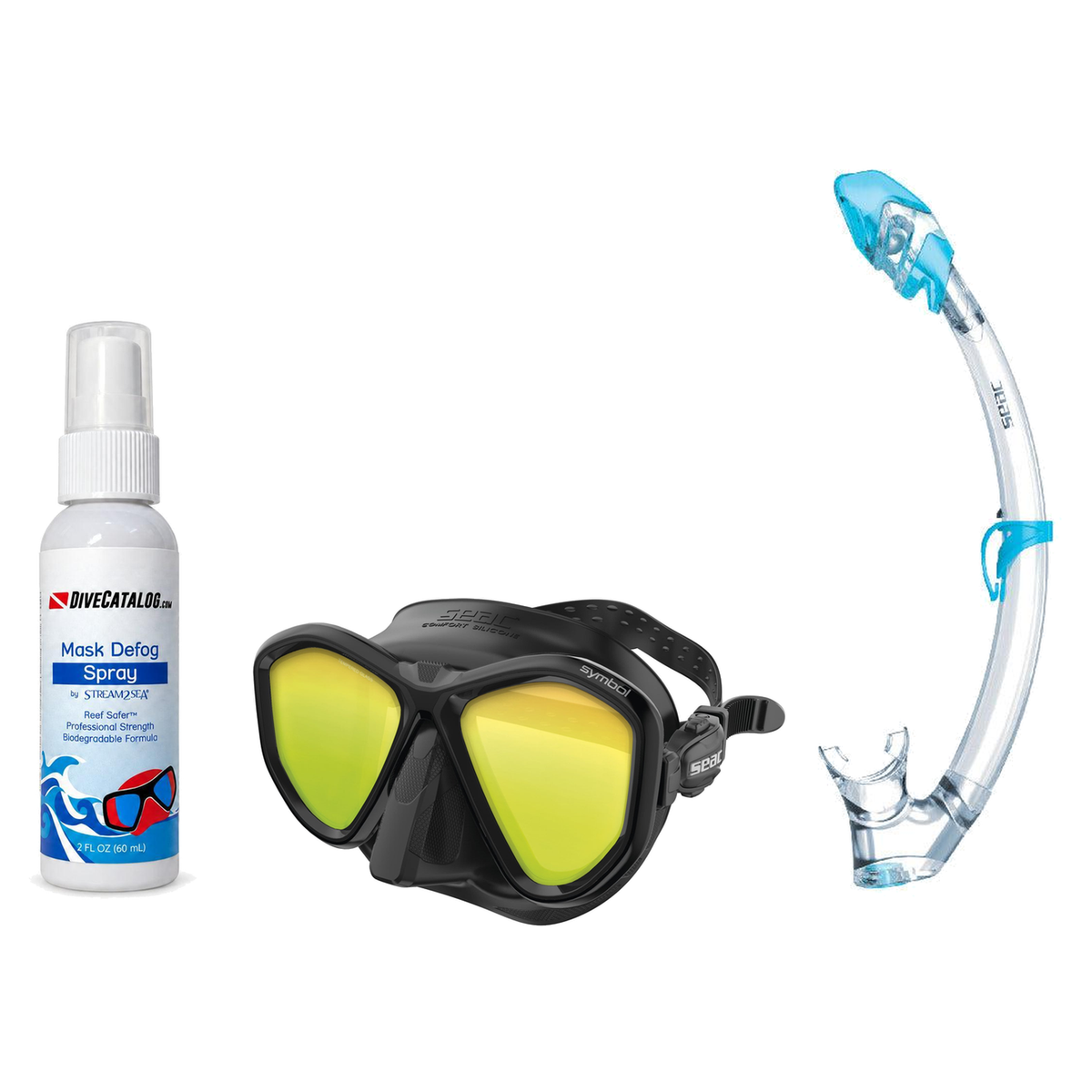 Seac Mask + Snorkel Package – Symbol Mask + Reverse Dry Snorkel + Free Mask Defog Spray — LS Black/Black, Seac Tribe Dry Scu…