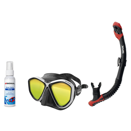 Seac Mask + Snorkel Package – Symbol Mask + Reverse Dry Snorkel + Free Mask Defog Spray — LS Black/White, Seac Reverse Dry S…
