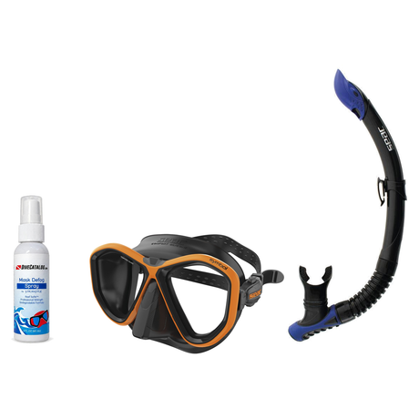 Seac Mask + Snorkel Package – Symbol Mask + Reverse Dry Snorkel + Free Mask Defog Spray — Black/Orange, Seac Reverse Snorkel…
