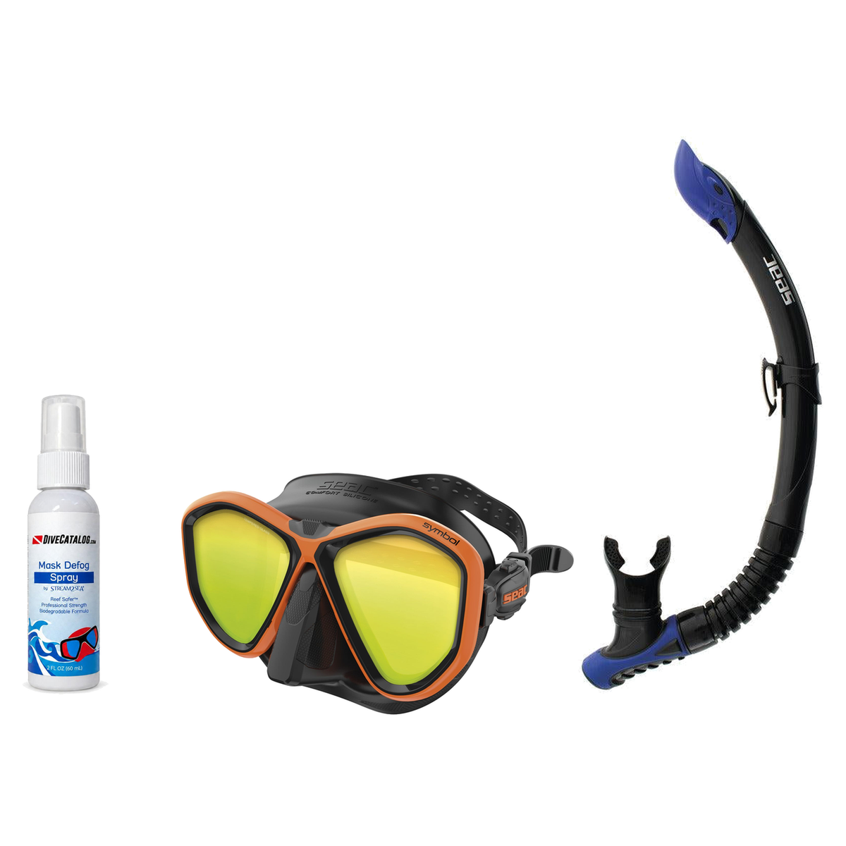 Seac Mask + Snorkel Package – Symbol Mask + Reverse Dry Snorkel + Free Mask Defog Spray — LS Black/Orange, Seac Reverse Snor…