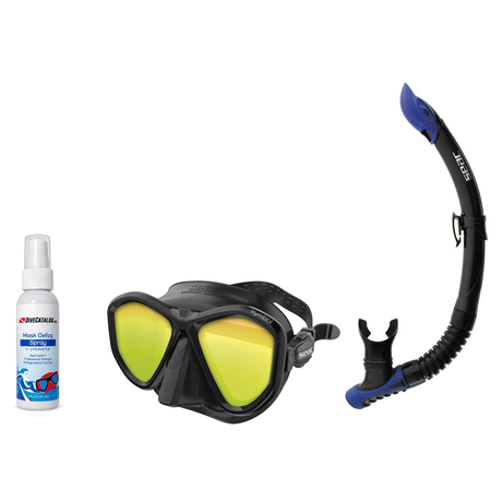 Seac Mask + Snorkel Package – Symbol Mask + Reverse Dry Snorkel + Free Mask Defog Spray — LS Black/Black, Seac Reverse Snork…