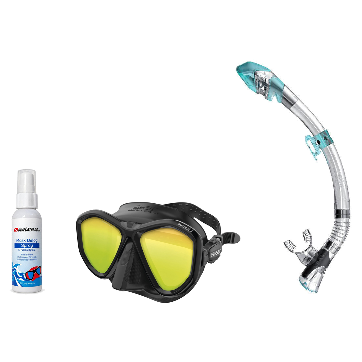 Seac Mask + Snorkel Package – Symbol Mask + Reverse Dry Snorkel + Free Mask Defog Spray — LS Black/Black, Seac Fast Tech Dry…