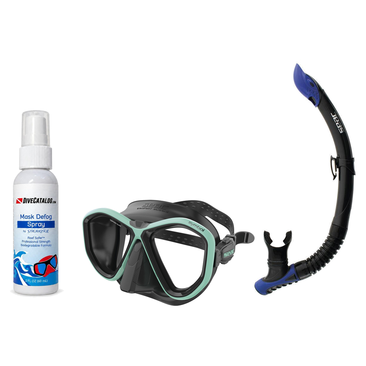 Seac Mask + Snorkel Package – Symbol Mask + Reverse Dry Snorkel + Free Mask Defog Spray — Black / Tiffany, Seac Reverse Snor…