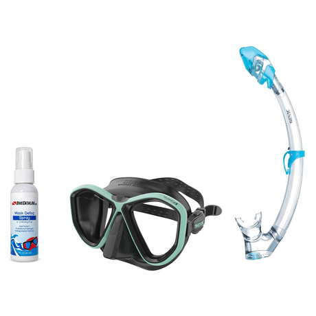 Seac Mask + Snorkel Package – Symbol Mask + Reverse Dry Snorkel + Free Mask Defog Spray — Black / Tiffany, Seac Tribe Dry Sc…