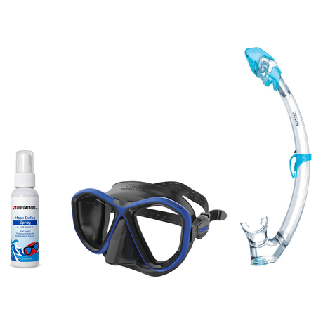 Seac Mask + Snorkel Package – Symbol Mask + Reverse Dry Snorkel + Free Mask Defog Spray — Black / Blue, Seac Tribe Dry Scuba…