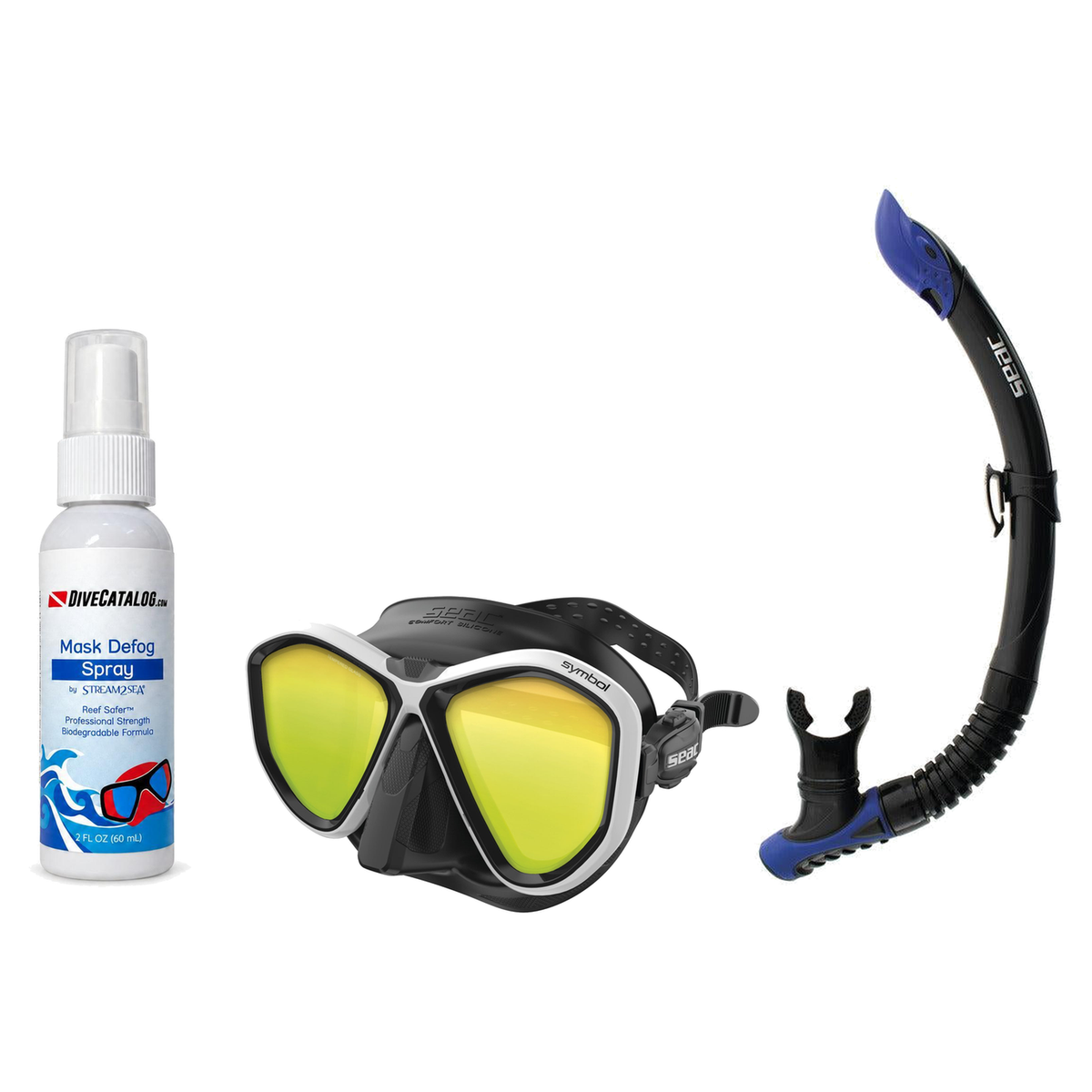 Seac Mask + Snorkel Package – Symbol Mask + Reverse Dry Snorkel + Free Mask Defog Spray — LS Black/White, Seac Reverse Snork…