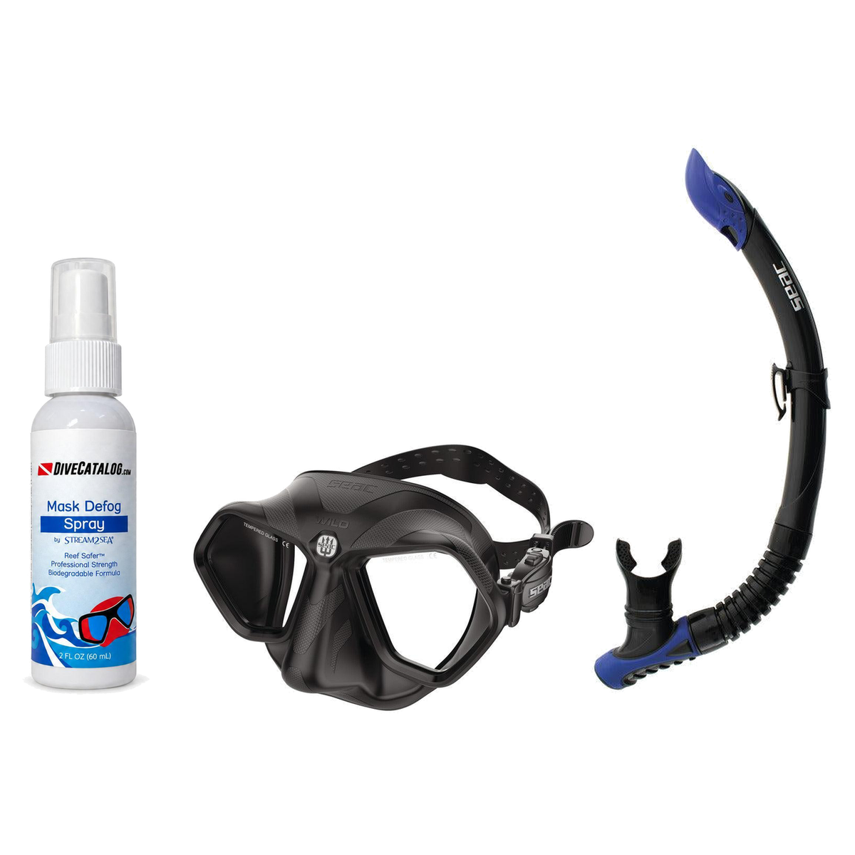 Seac Mask + Snorkel Package – Wild Anti-Fog Dual Lens Mask + Reverse Dry Snorkel + Free Mask Defog Spray — Black, Seac Rever…