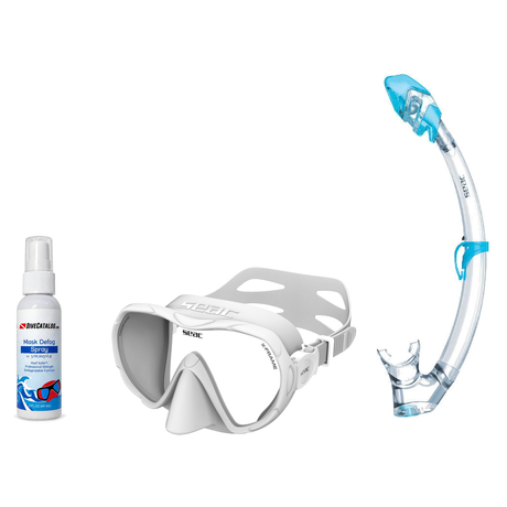 Seac Mask + Snorkel Package – X-Frame Mask + Reverse Dry Snorkel + Free Mask Defog Spray — White, Seac Tribe Dry Scuba Divin…