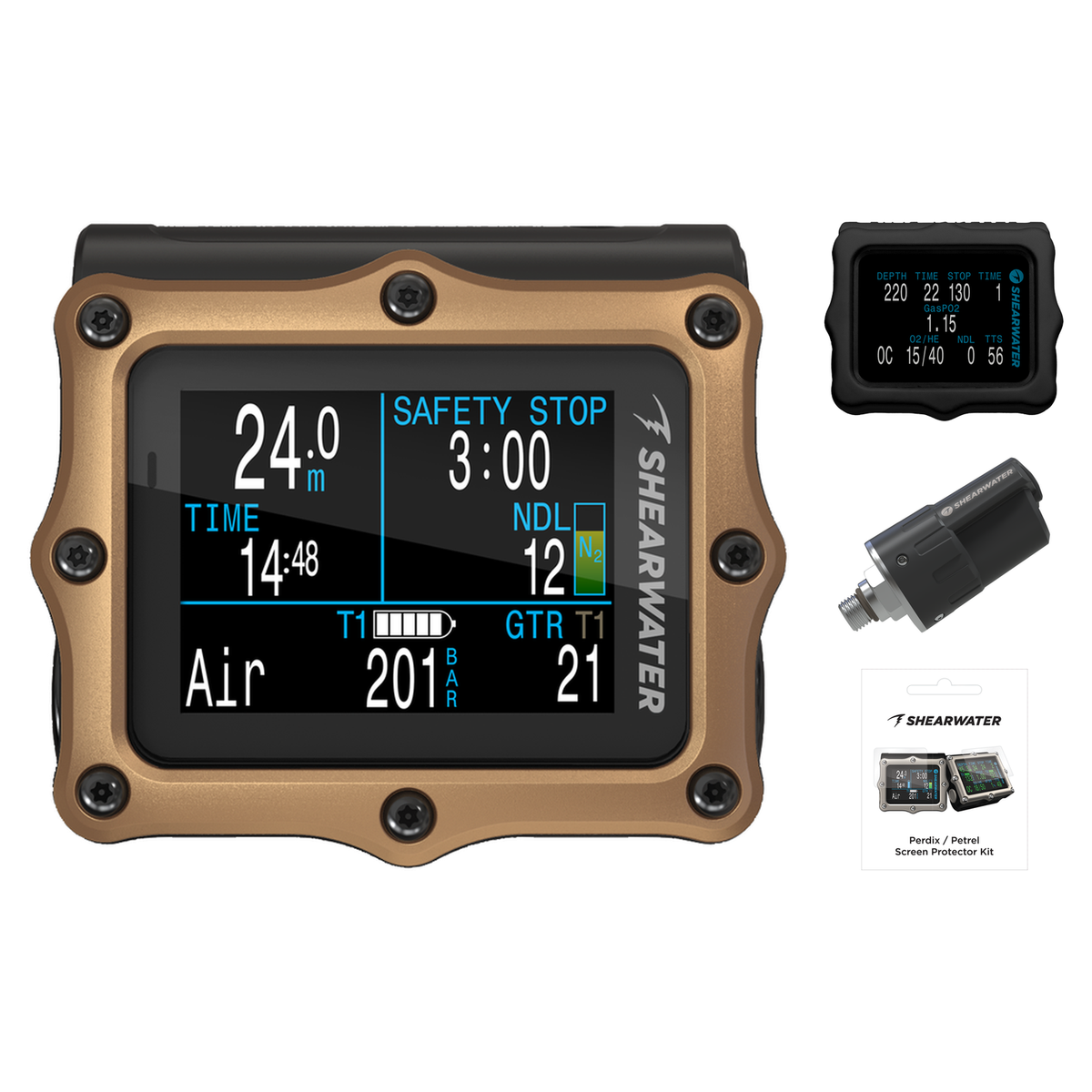 Shearwater Perdix 2 Ti Dive Computer + Swift Transmitter + Screen Protectors + Silicone Case Package — Bronze Journeys Editi…