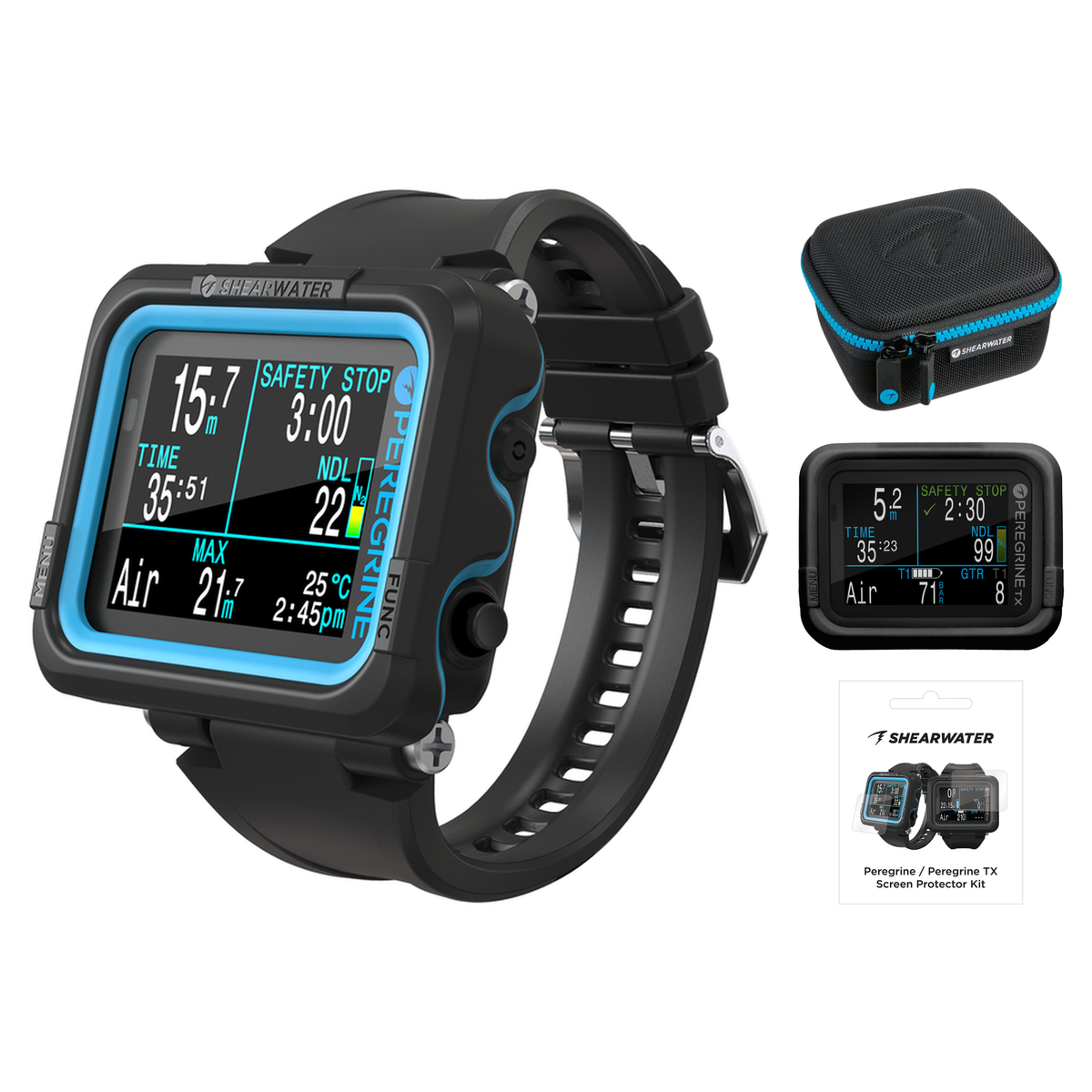 Shearwater Peregrine Dive Computer + EVA Travel Case + Screen Protectors + Silicone Case Package — Black
