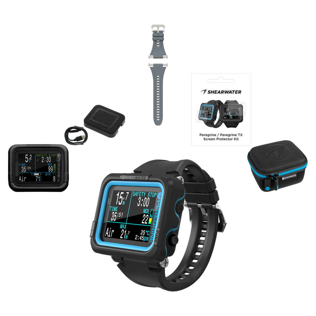 Shearwater Peregrine Dive Computer + EVA Travel Case + Screen Protectors + Silicone Case + Strap Kit + Charger Package — inc…