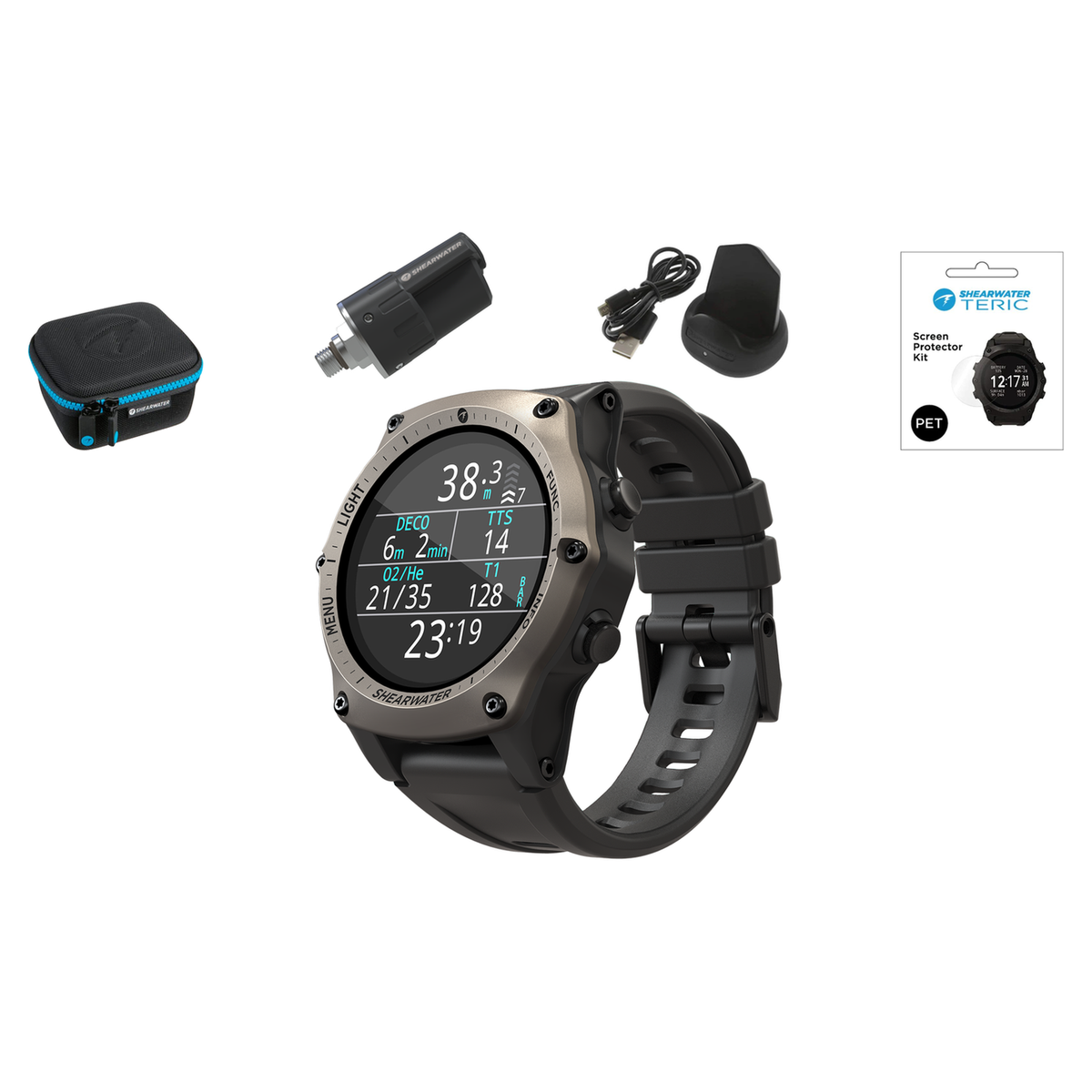 Shearwater Teric Dive Computer + Swift Transmitter + EVA Travel Case + Screen Protectors + Charger Package — Silver