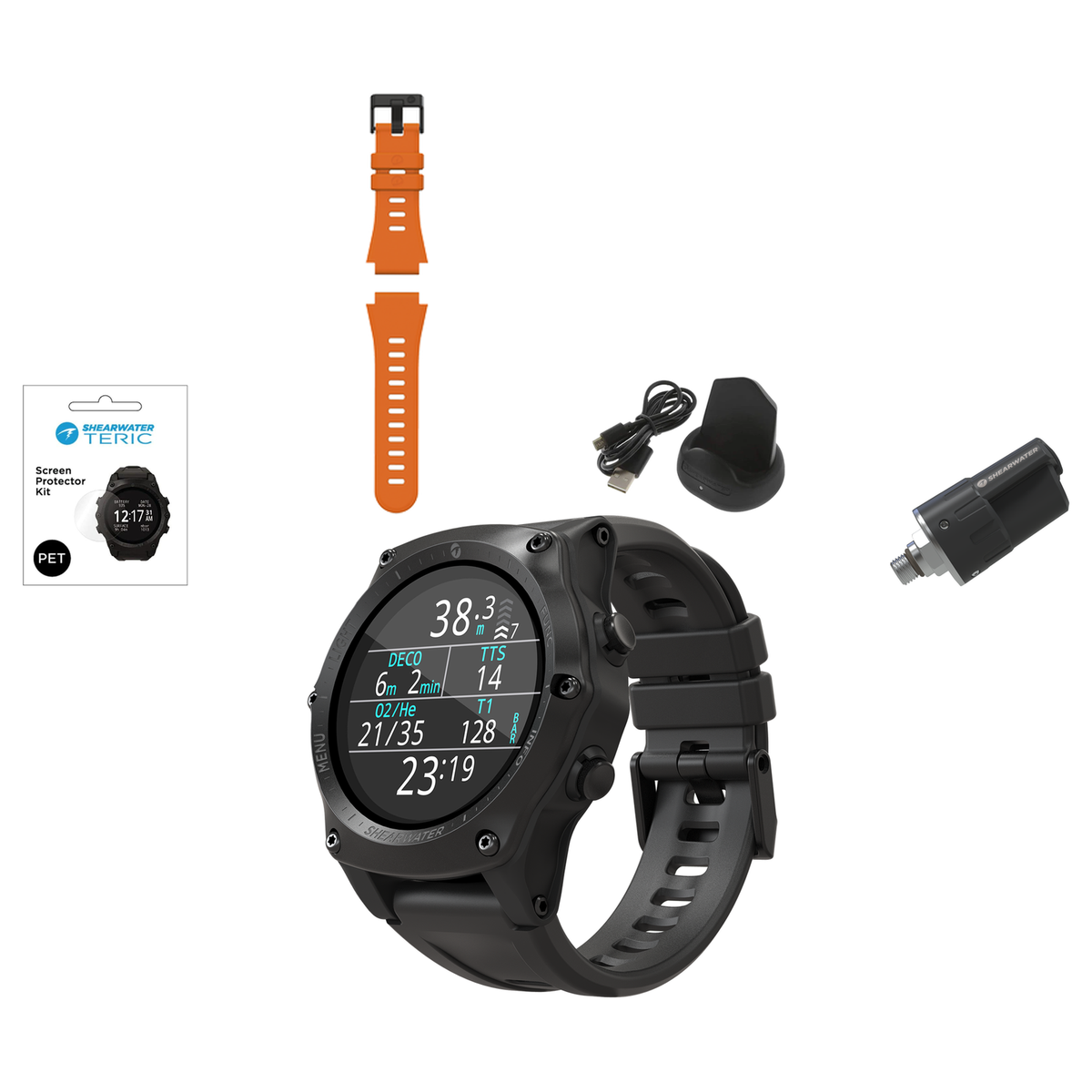 Shearwater Teric Dive Computer + Swift Transmitter + Screen Protectors + Charger + Remora Color Strap Kit Package — includes…