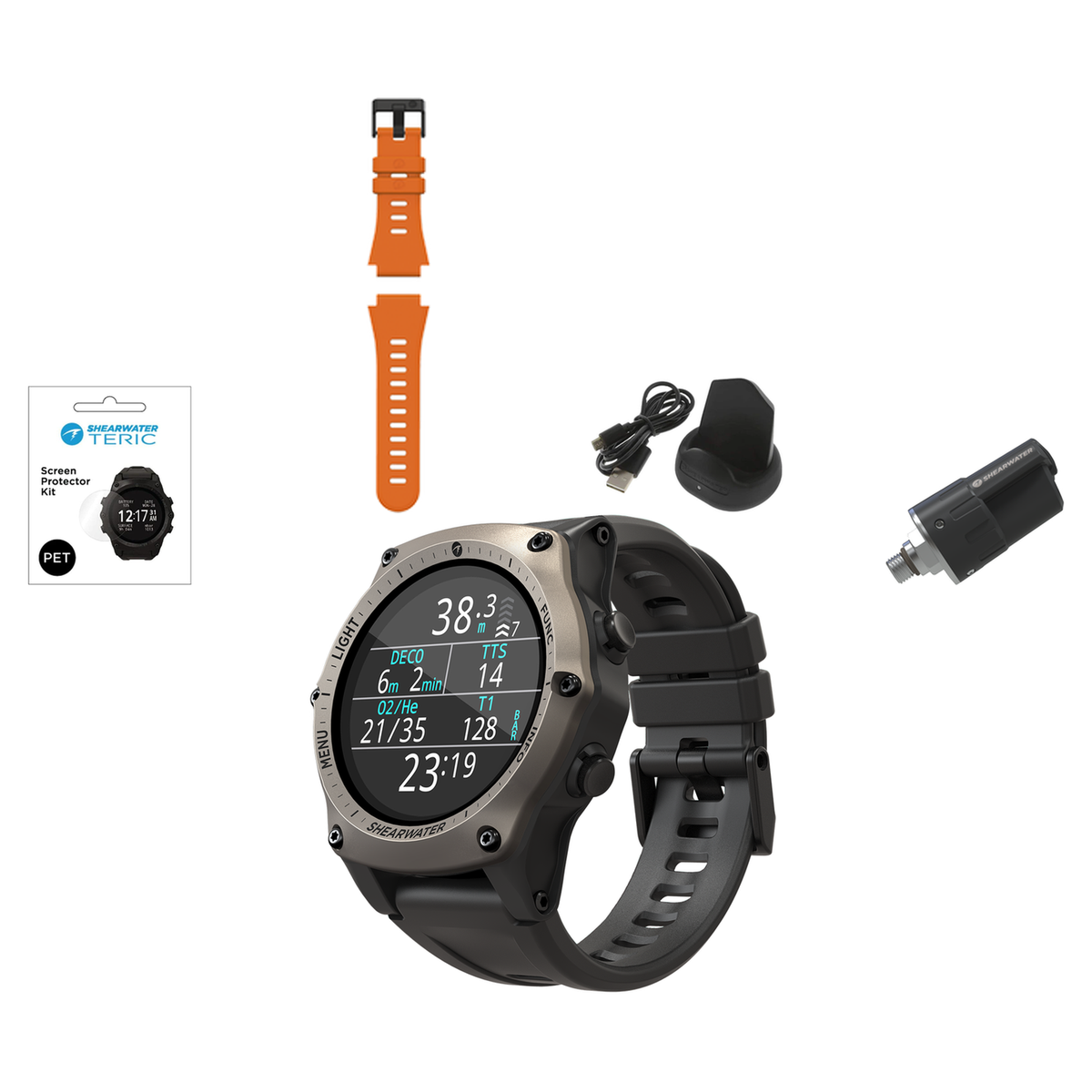 Shearwater Teric Dive Computer + Swift Transmitter + Screen Protectors + Charger + Remora Color Strap Kit Package — Silver