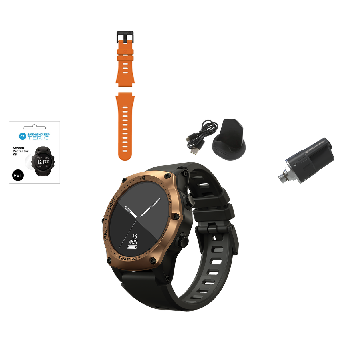 Shearwater Teric Dive Computer + Swift Transmitter + Screen Protectors + Charger + Remora Color Strap Kit Package — Bronze