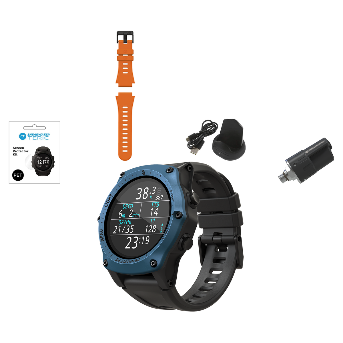 Shearwater Teric Dive Computer + Swift Transmitter + Screen Protectors + Charger + Remora Color Strap Kit Package — Blue