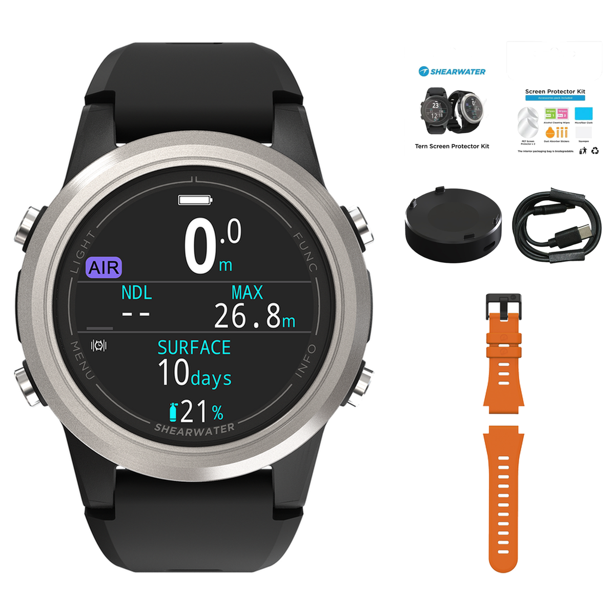 Shearwater Tern Dive Computer + Screen Protectors + Charger + Remora Color Strap Kit Package — includes Shearwater Tern Dive…