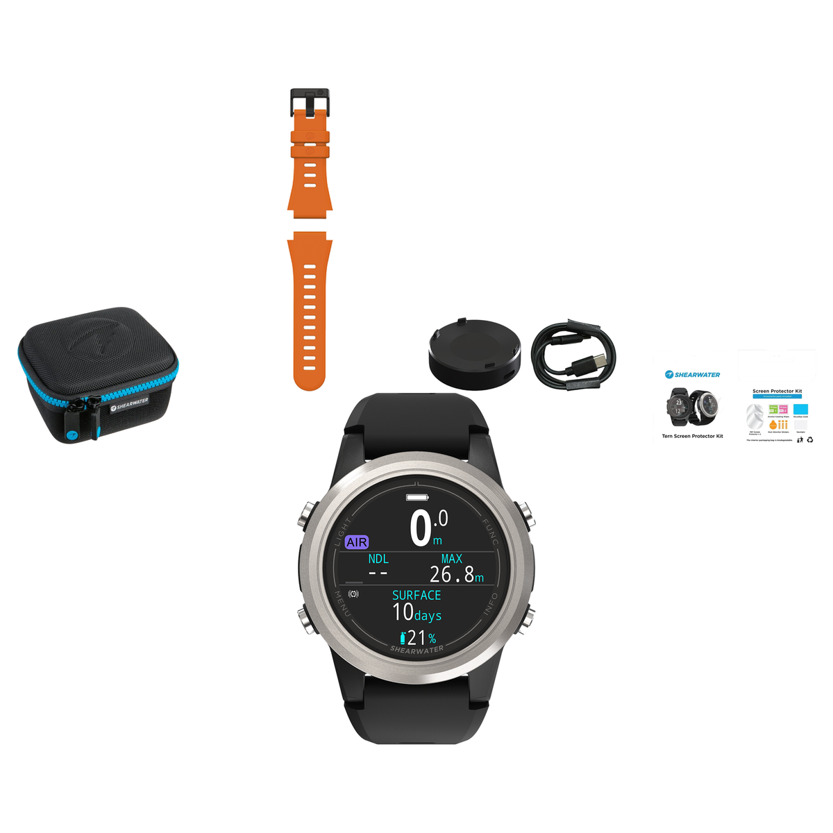 Shearwater Tern Dive Computer + EVA Travel Case + Screen Protectors + Charger + Remora Color Strap Kit Package — includes Sh…