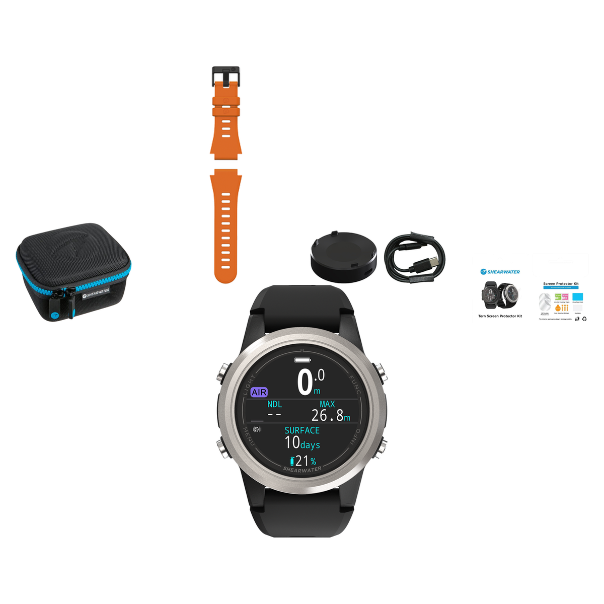 Shearwater Tern Dive Computer + EVA Travel Case + Screen Protectors + Charger + Remora Color Strap Kit Package