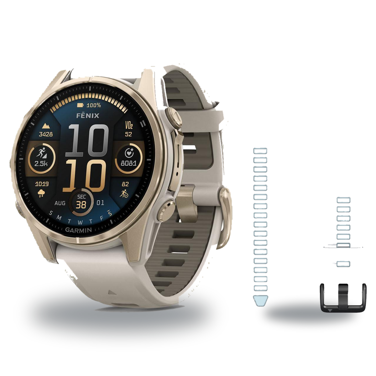Garmin fenix 8 43mm Smartwatch + QuickFit 20 Band Package — 43 mm, AMOLED, Sapphire, Soft Gold w Fog Gray/Dark Sandstone Band