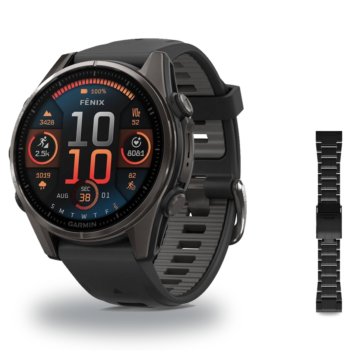 Garmin fenix 8 51mm Smartwatch + QuickFit 26 Band Package — 51 mm, Sapphire, Carbon Gray DLC Ti w Black/Pbl Gray Band