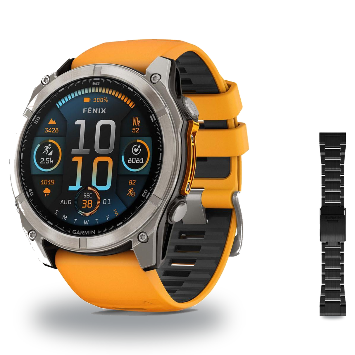 Garmin fenix 8 51mm Smartwatch + QuickFit 26 Band Package — 51 mm, AMOLED, Sapphire, Titanium with Spark Orange/Graphite Band