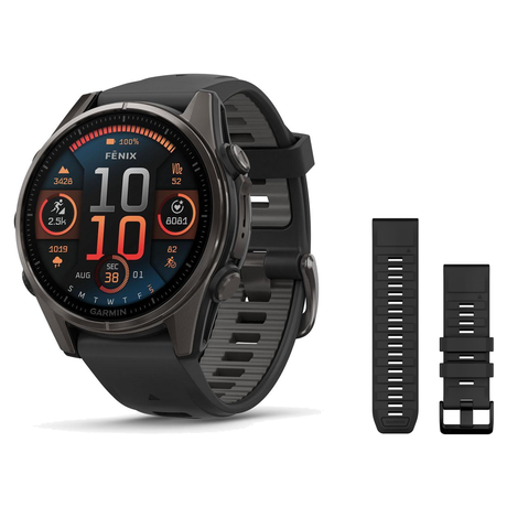 Garmin fenix 8 51mm Smartwatch + QuickFit 26 Band Package — 51 mm, Sapphire, Carbon Gray DLC Ti w Black/Pbl Gray Band