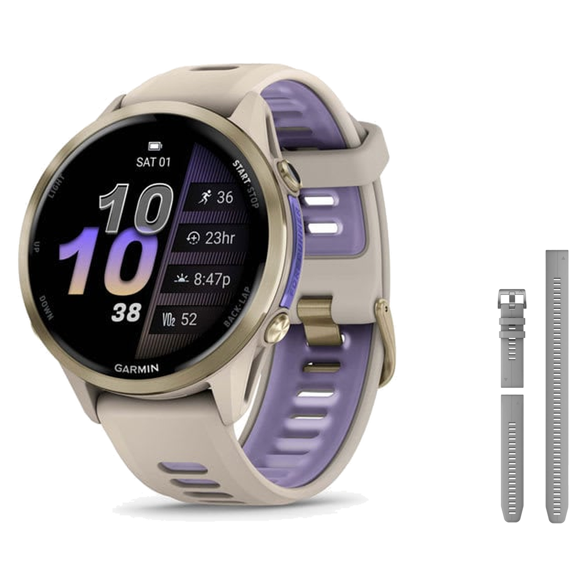 Garmin Forerunner 970 Smartwatch + QuickFit 22 Band Package — Soft Gold Titanium with French Gray Case and French Gray/Trans…