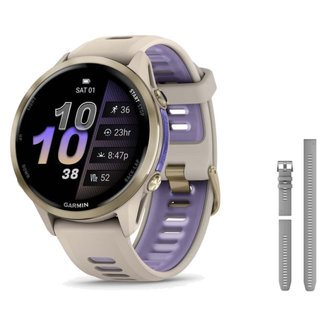 Garmin Forerunner 970 Smartwatch + QuickFit 22 Band Package — Soft Gold Titanium with French Gray Case and French Gray/Trans…