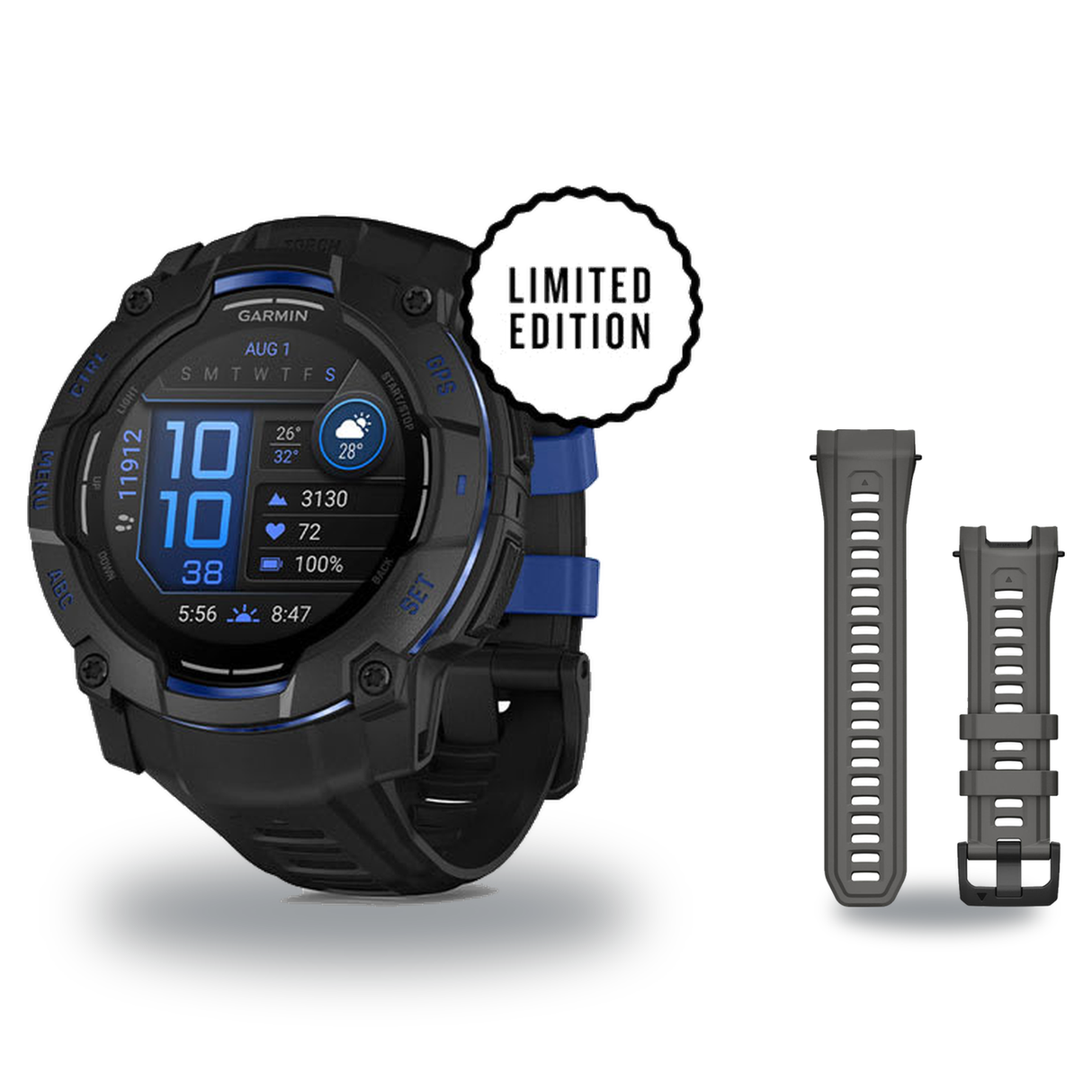 Garmin Instinct 3 50mm Smartwatch + 26mm Band Package — 50 mm, Instinct 3 – AMOLED, Black/Bolt Blue