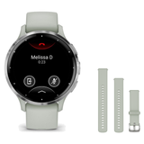 Garmin Venu 3S Smartwatch + Quick Release 18mm Band Package — Silver Bezel w/ Sage Gray Silicone