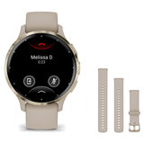 Garmin Venu 3S Smartwatch + Quick Release 18mm Band Package — Soft Gold Bezel w/ French Gray Silicone