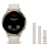 Garmin Venu 3S Smartwatch + Quick Release 18mm Band Package — Soft Gold Bezel w/ Ivory Silicone