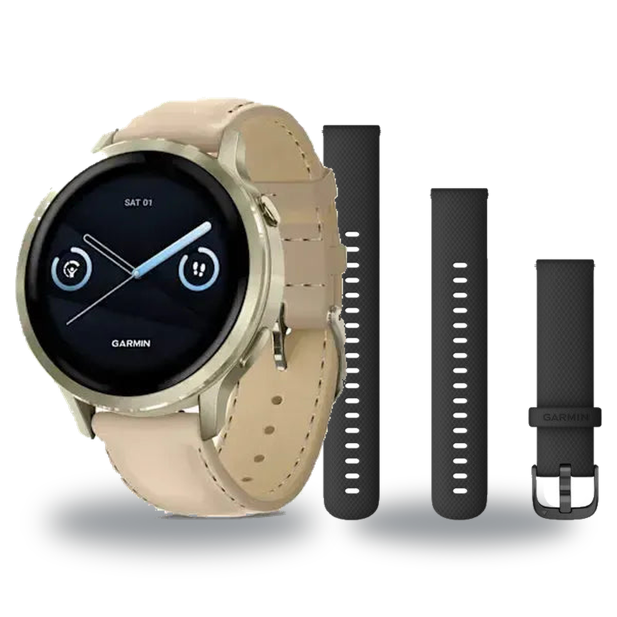 Garmin Venu 4 41mm Smartwatch + Quick Release 18mm Band Package — Lunar Gold / Bone Silicone + Light Sand Leather