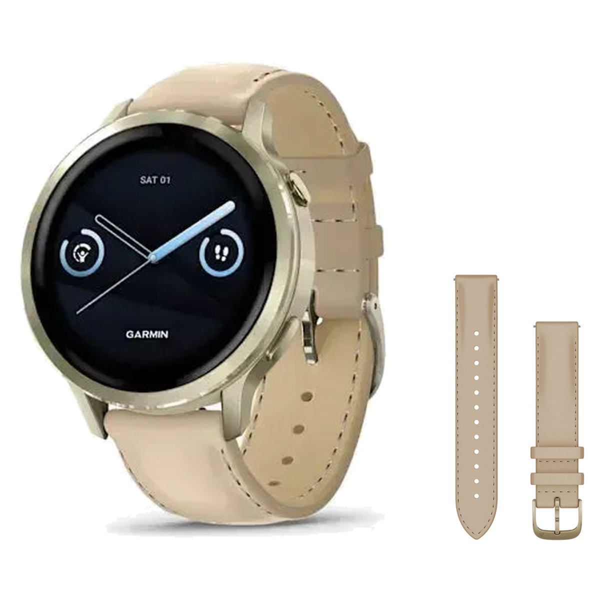 Garmin Venu 4 41mm Smartwatch + Quick Release 18mm Band Package — Lunar Gold / Bone Silicone + Light Sand Leather