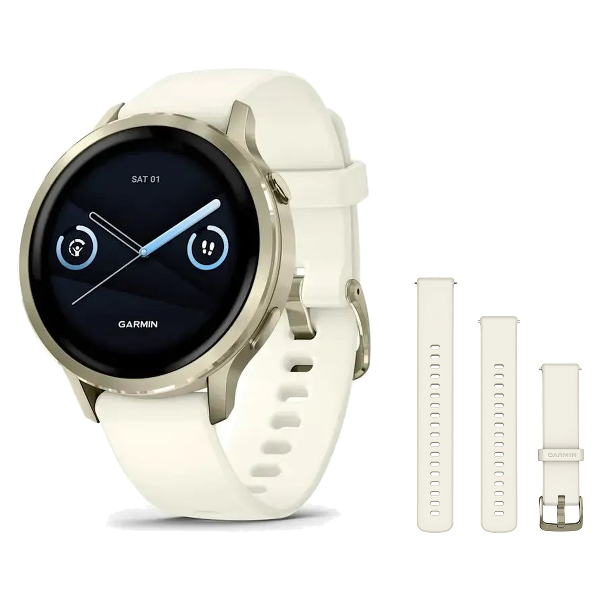Garmin Venu 4 41mm Smartwatch + Quick Release 18mm Band Package — Lunar Gold / Bone Silicone
